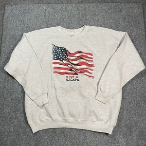 Vintage Patriotic Sweatshirt Womens XL Gray American Flag USA Glittery Bling RWB